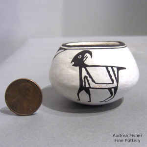 Mimbres bighorn ram and geometric design on a miniature black-on-white bowl