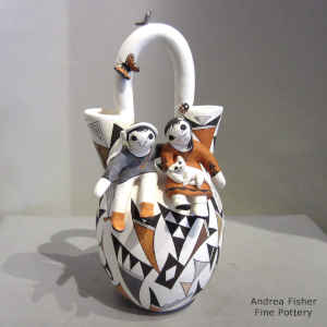 Polychrome wedding vase with 2 children, cat, butterfly, bird, lady bug and geometric design