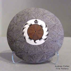 Turtle, fine line and geometric design on a polychrome seed pot