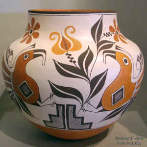 Parrot, branch, kiva step and geometric design on a polychrome jar