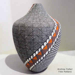 Fine line, checkerboard and geometric design on a polychrome jar