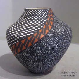Fine line, checkerboard and spiral geometric design on a polychrome jar