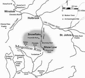 Map of the Fourmile Ruin area showing modern towns and related Silver Creek drainage ancient pueblo sites