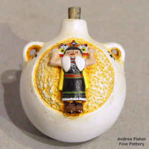 Polychrome miniature canteen with a sgraffito and painted woman wearing a tablita