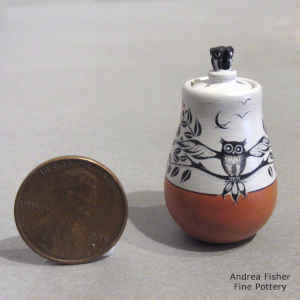 Owl and branch design on a miniature lidded polychrome jar