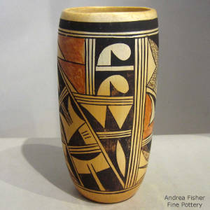Shard design on a polychrome yellow ware cylinder
