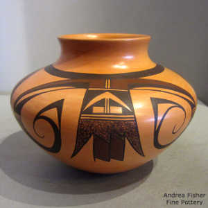 Three panel red and black bird element design on a yellow ware jar