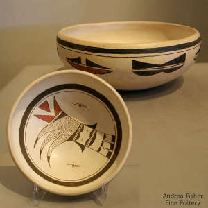 Bird element and geometric design on a polychrome bowl