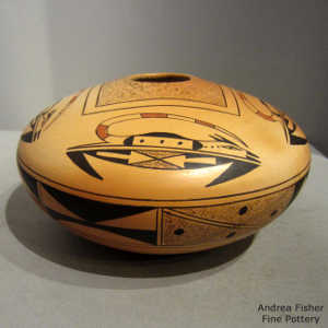 Fire clouds and four direction lizard, shard and geometric design on a polychrome yellow ware jar