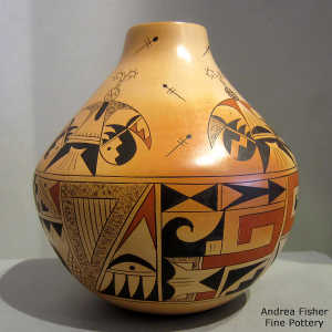Four-direction shard, butterfly, dragonfly and geometric design on a polychrome yellow ware jar with fire clouds