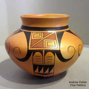 Polychrome jar with a 4-panel stylized thunderbird and geometric design