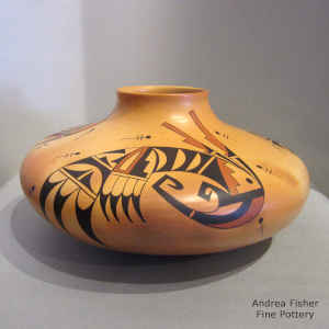 Bird element, dragonfly and geometric design on a polychrome Sikyatki-style jar with fire clouds