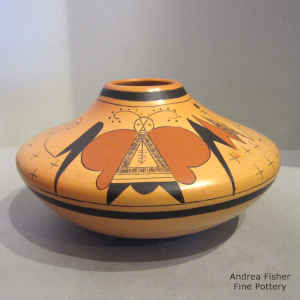 Moth, geometric design and fire clouds on a polychrome Sikyatki-style jar