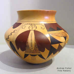 Moth, bird element and geometric design on a polychrome jar with fire clouds