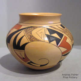 Bird element and geometric design on a polychrome jar with fire clouds