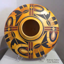 A 4-panel bird element and geometric design on a polychrome Sikyatki-style jar with fire clouds