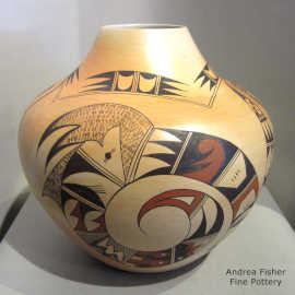 Bird element, pot sherd and geometric design on a polychrome jar with fire clouds