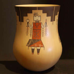 Four direction katsina, kiva step and geometric design on a polychrome yellowware jar