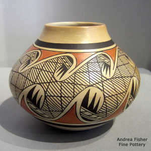 Migration pattern design on a polychrome yellow ware jar