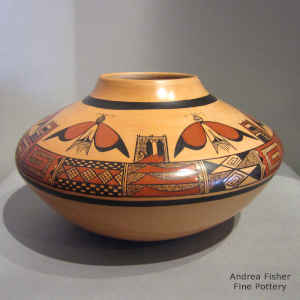 Moth, geometric design and fire clouds on a polychrome jar