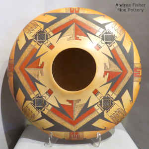 4-panel katsina and geometric design with fire clouds on a polychrome jar