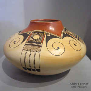 4-direction eagletail, bird element and geometric design on a polychrome jar with fire clouds