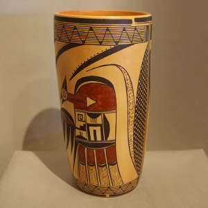 Bird, corn and geometric designs on a polychrome cylinder