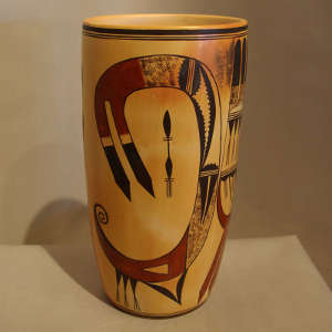 Bird and geometric designs on a polychrome cylinder