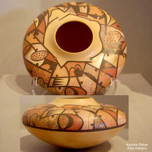 Contemporary geometric design on a polychrome yellow ware jar