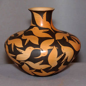 Hummingbird design on a polychrome jar with a flared neck