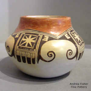 4-direction bird element and geometric design on a polychrome jar with fire clouds
