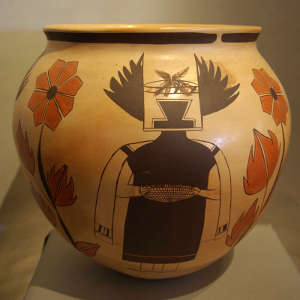 Large polychrome yellowware maiden jar