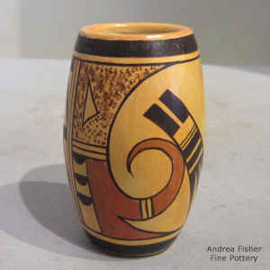 Bird element and geometric design on a miniature polychrome cylinder with fire clouds