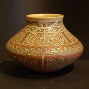 Fine shard geometric design on a polychrome jar