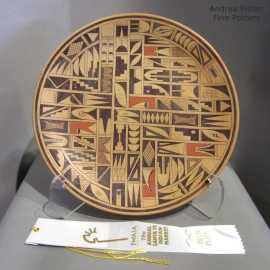 Polychrome plate decorated with a small shard and geometric design, Third Place ribbon from the Santa Fe Indian Market in 1998