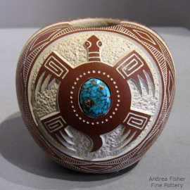 Sgraffito turtle and geometric design in red seed pot with inlaid turquoise