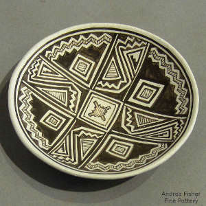 Mimbres shard design on a black and white plate
