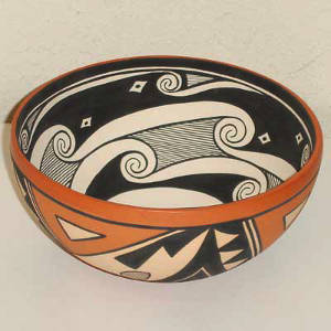 Geometric designs on the outside and water designs on the inside of a polychrome bowl