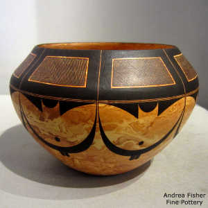 Black cloud, bird element and geometric design on a Mixed clay jar