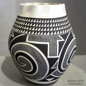 Tularosa spiral, kiva step, rain and geometric design on a black and white jar with a pie crust rim