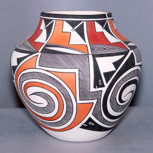 Fine line, spiral and geometric design on a polychrome jar