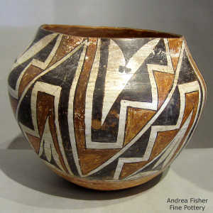 Lightning bolt, kiva step and geometric design on a polychrome jar