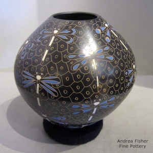 Polychrome jar with sgraffito and painted dragonfly and mesh design