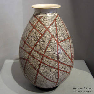 Fine line geometric design on a polychrome jar