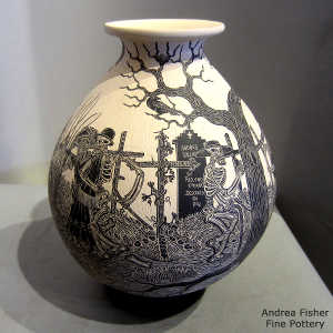 Sgraffito Day of the Dead motif on a black and white jar