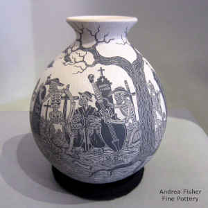 Sgraffito Day of the Dead motif on a black and white jar