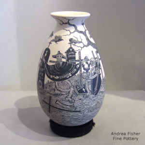 Sgraffito Day of the Dead motif on a black and white jar