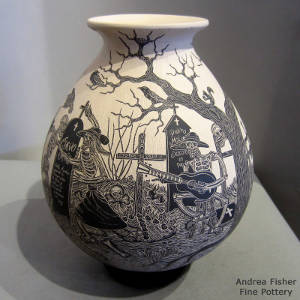 Day of the Dead sgraffito motif on a black on beige pot