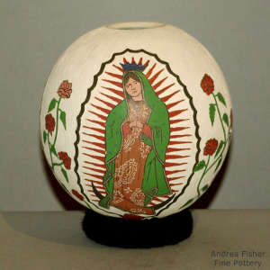 Virgin of Guadalupe and roses design on a polychrome jar