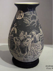 Sgraffito Night of the Dead motif on a black and white jar